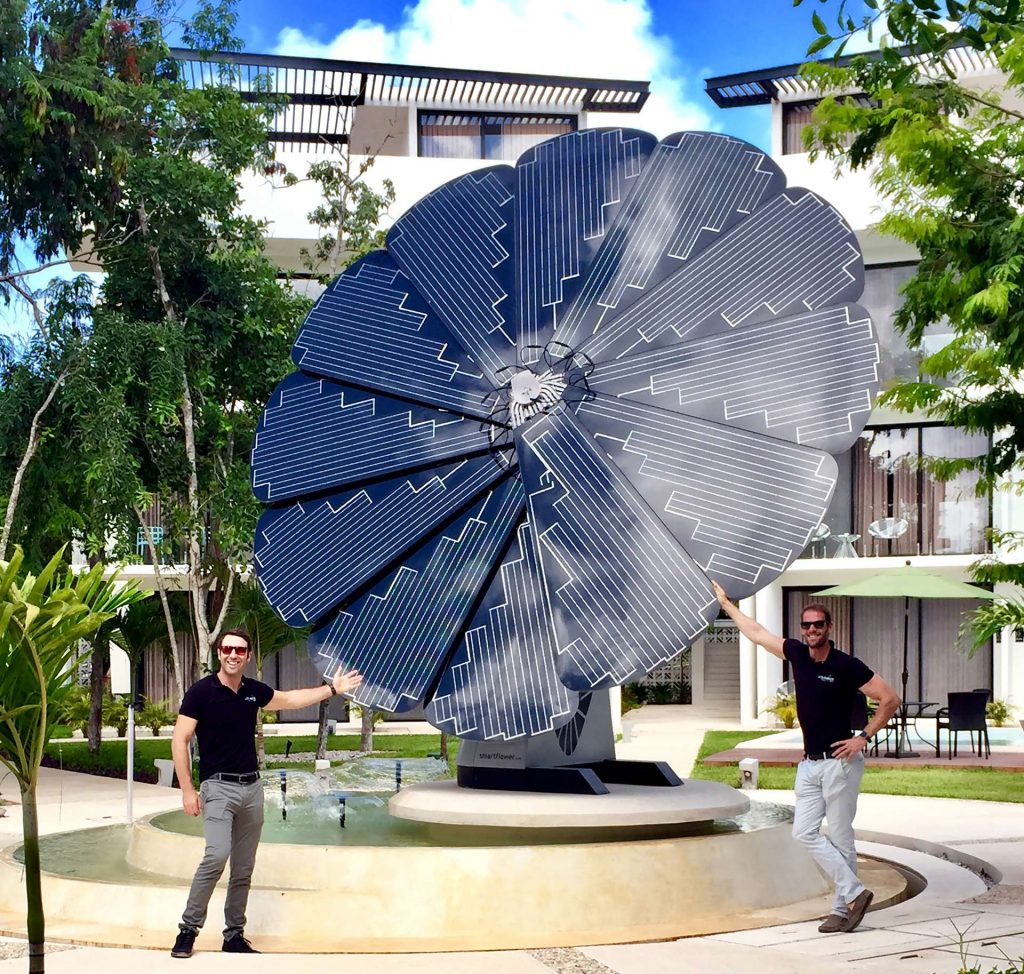Mark & Nico Los Amigos Tulum in front of The Smartflower System at Central Park Tulum